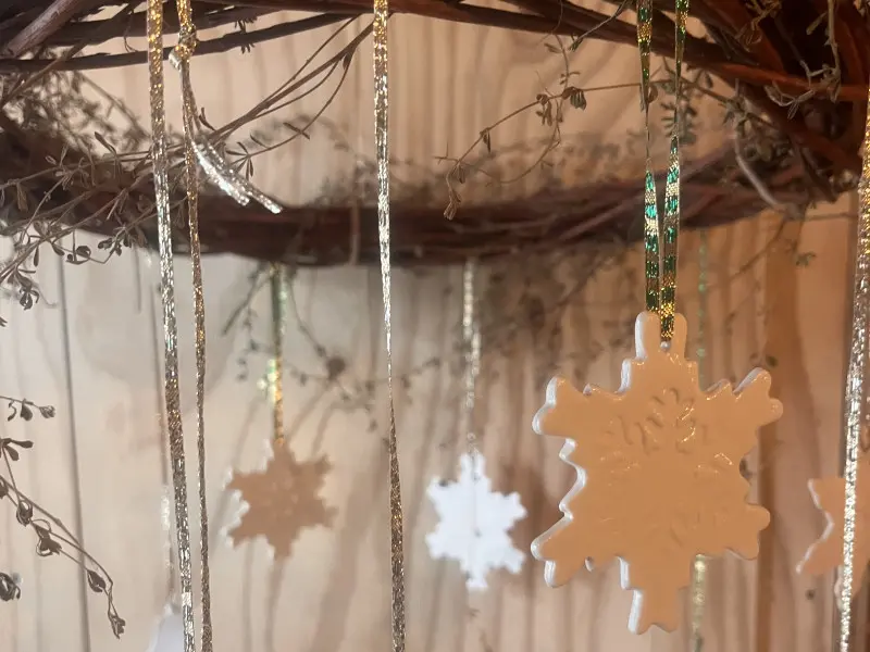 A Winter Christmas Wreath with Handmade Porcelain Ornaments
