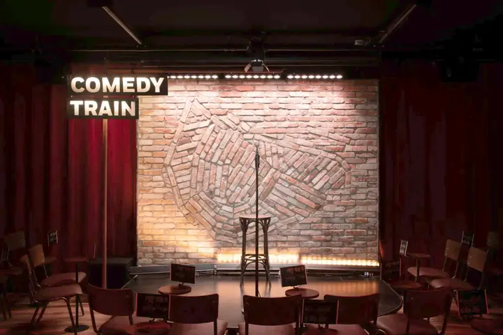 The stage of Comedytrain on the Westergas, set for a stand-up show