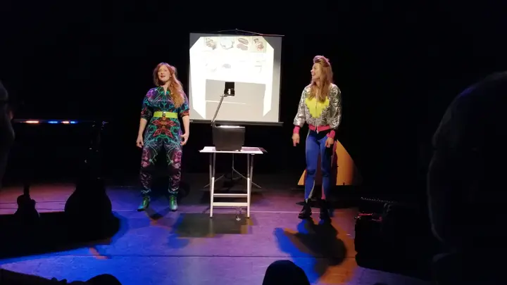 The stage at Het Klooster during a performance by the comedy duo Maartje en Kine.