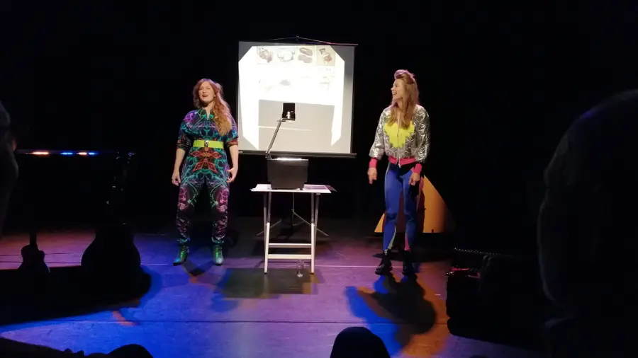 The stage at Het Klooster during a performance by the comedy duo Maartje en Kine.