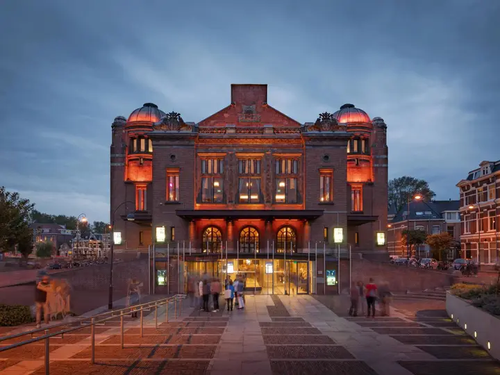 The facade of Stadsschouwburg Haarlem, the theatre and events venue on Wilsonsplein