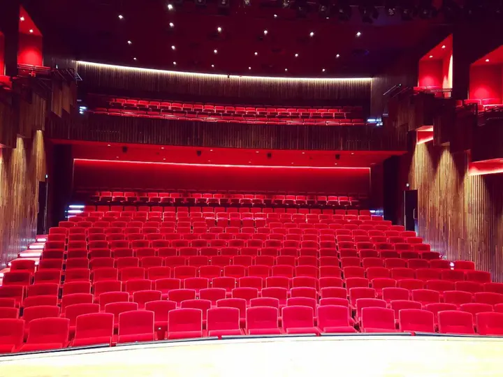 The auditorium of Stadsschouwburg Middelburg, seen from the stage, with rows of seats facing the stage.