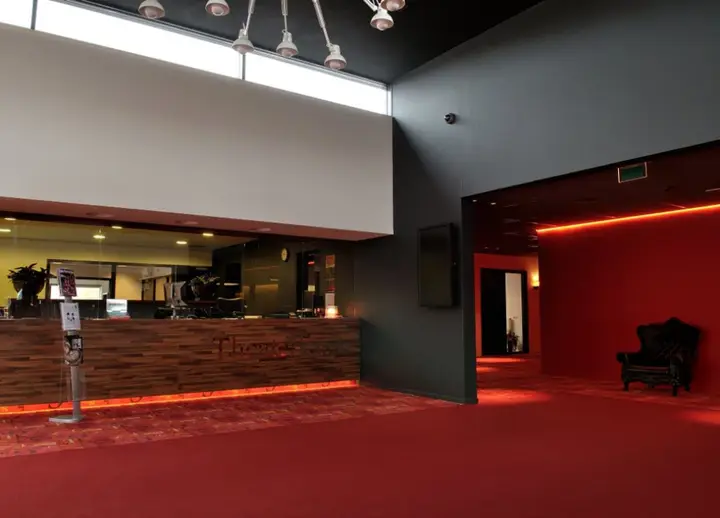 The foyer of Theater Geert Teis in Stadskanaal, with a wooden service desk, red carpet and a black armchair.