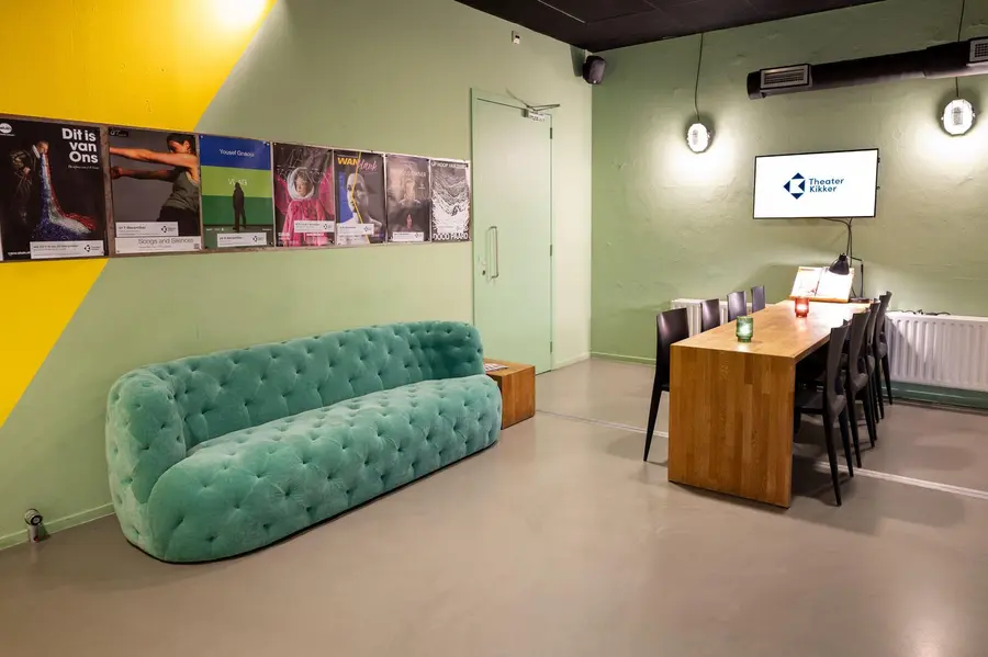 The foyer of Theater Kikker in Utrecht, photographed for the theatre's café page after the 2023 renovation.