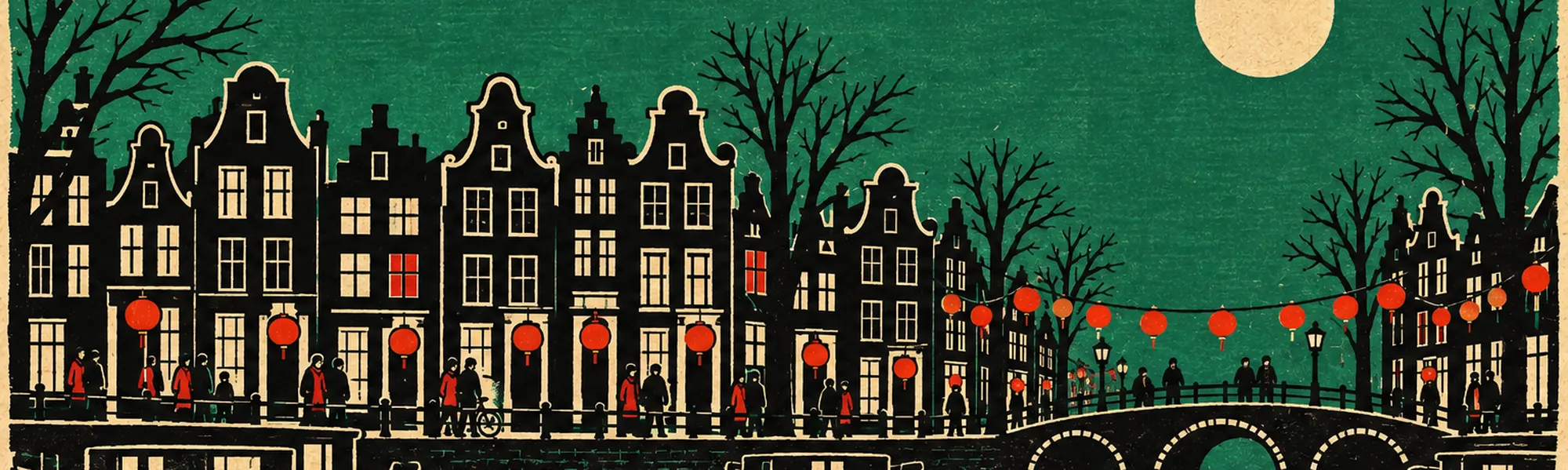 A woodblock-print frieze of Amsterdam canal houses with a red lantern at every door and a string of lanterns over the bridge