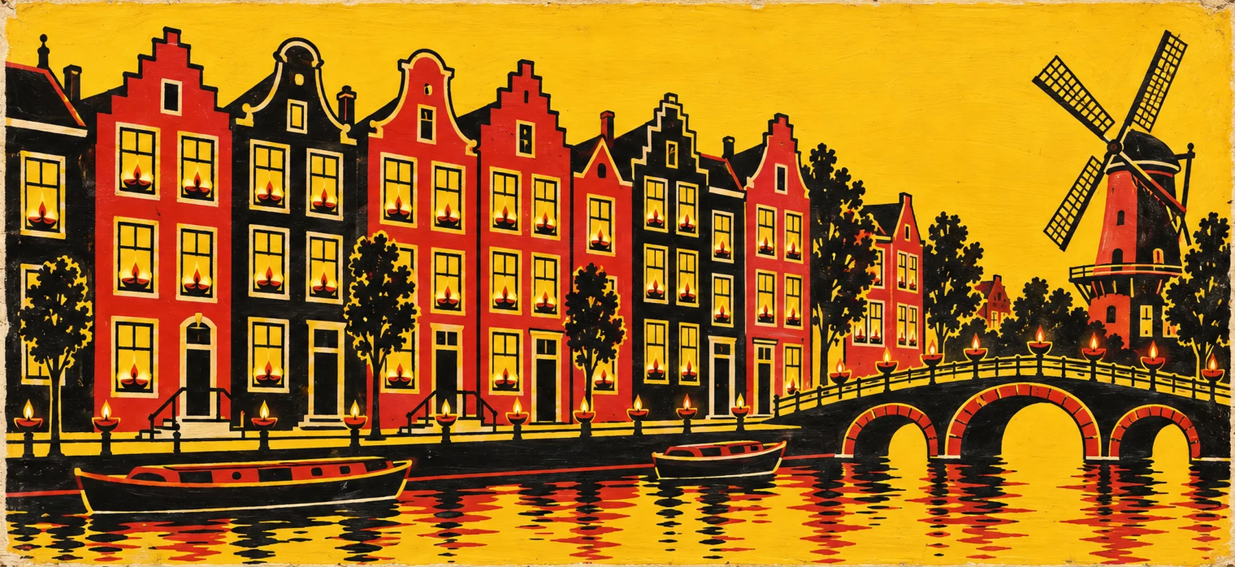 A painted frieze of Amsterdam canal houses with oil lamps on every windowsill