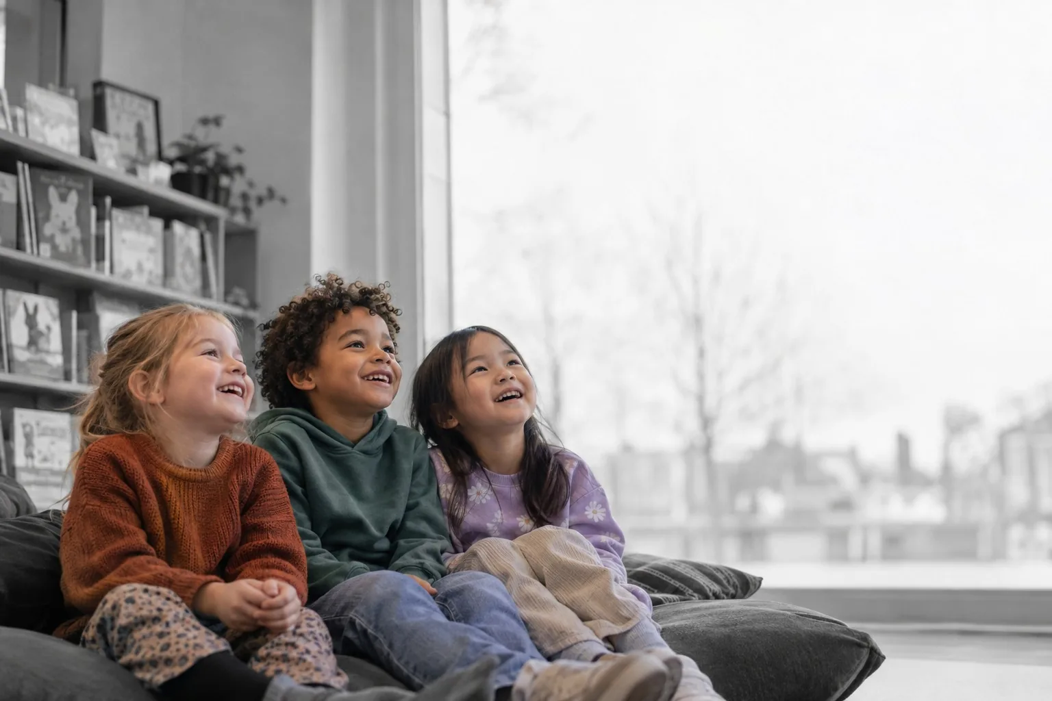 AI image: three preschoolers look up laughing, in front of a bookcase