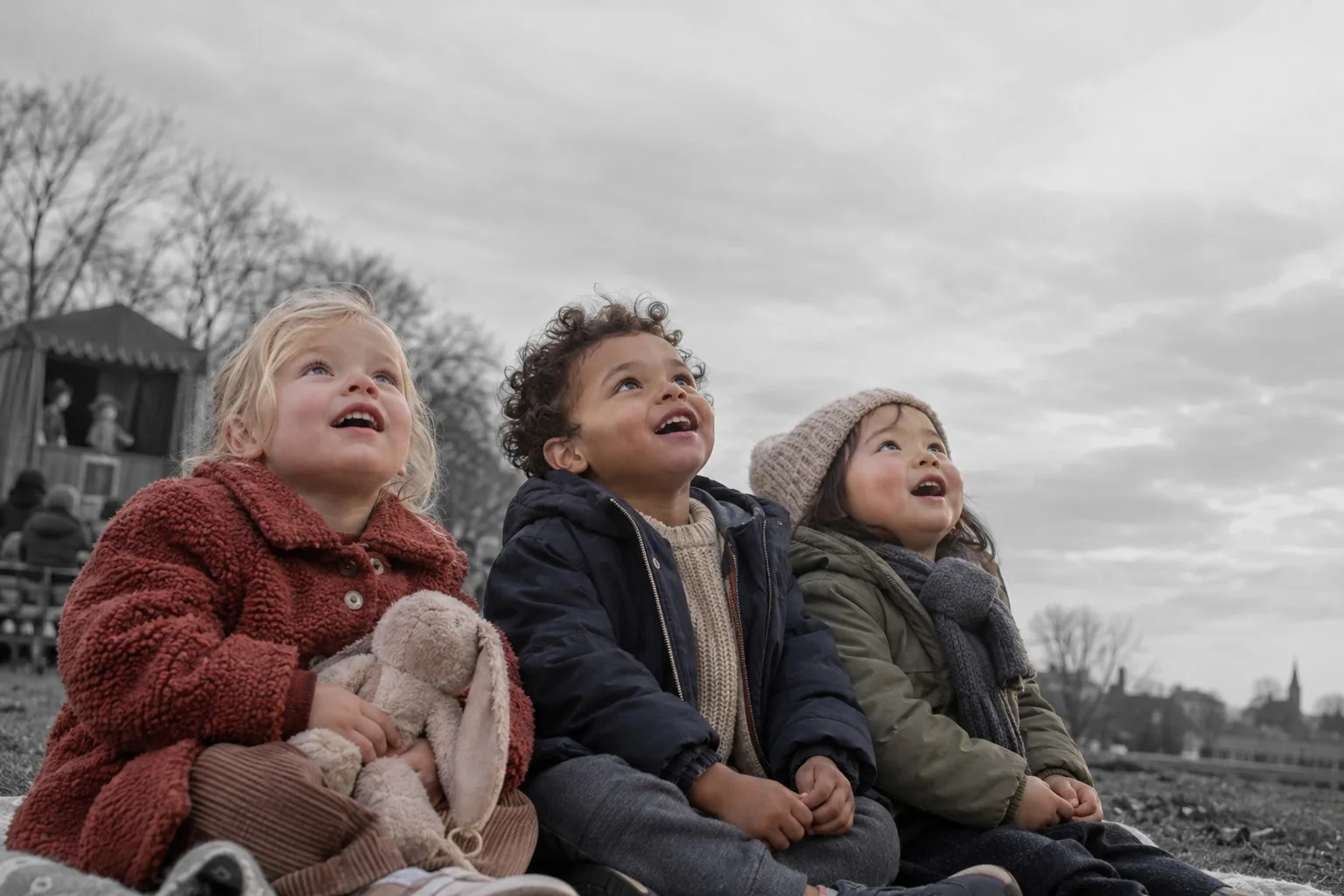 AI image: three toddlers look up in wonder in the park
