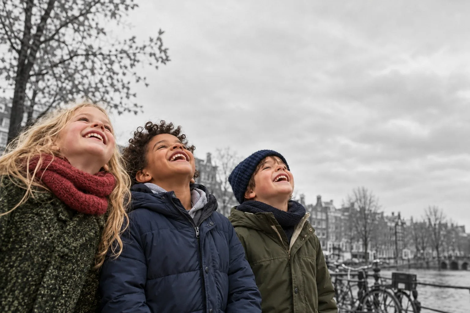 AI image: three children look up laughing, by a canal in Amsterdam