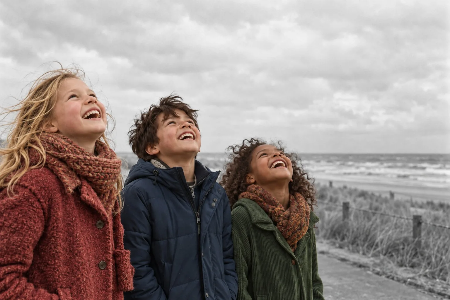 AI image: three children look up laughing, on the beach promenade of The Hague