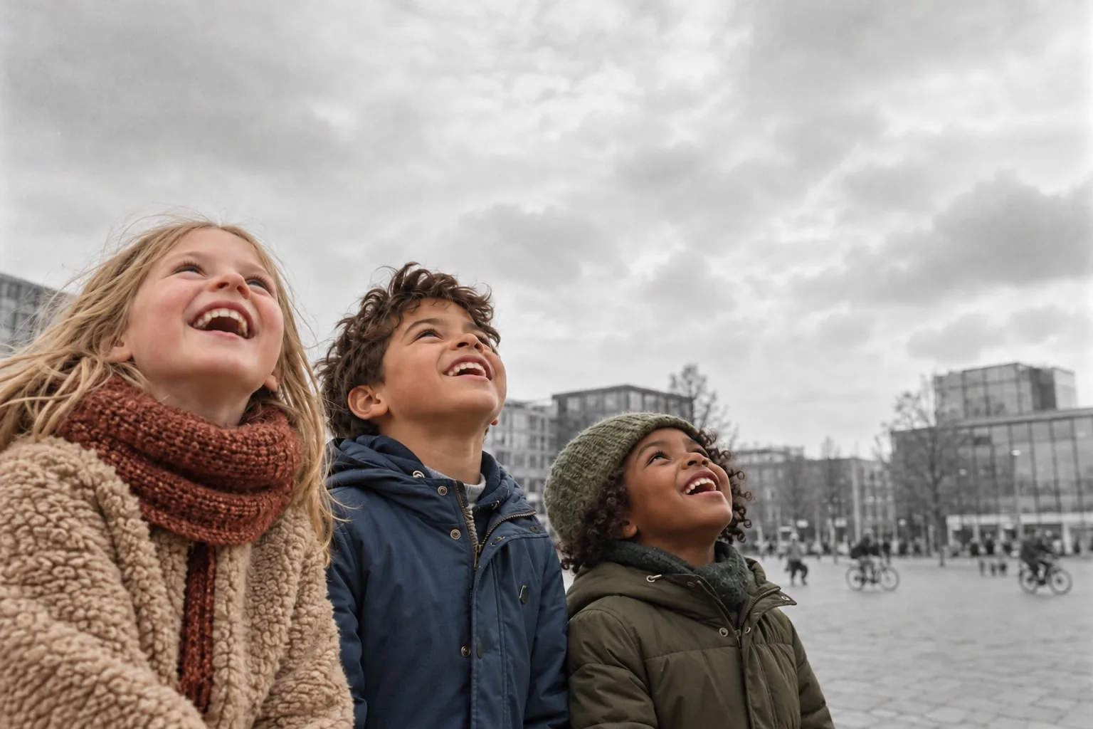 AI image: three children look up laughing, on a square in Eindhoven
