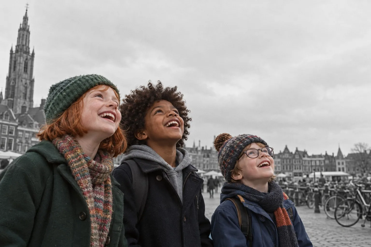 AI image: three children look up laughing, on a market square with bicycles and a church tower in Groningen