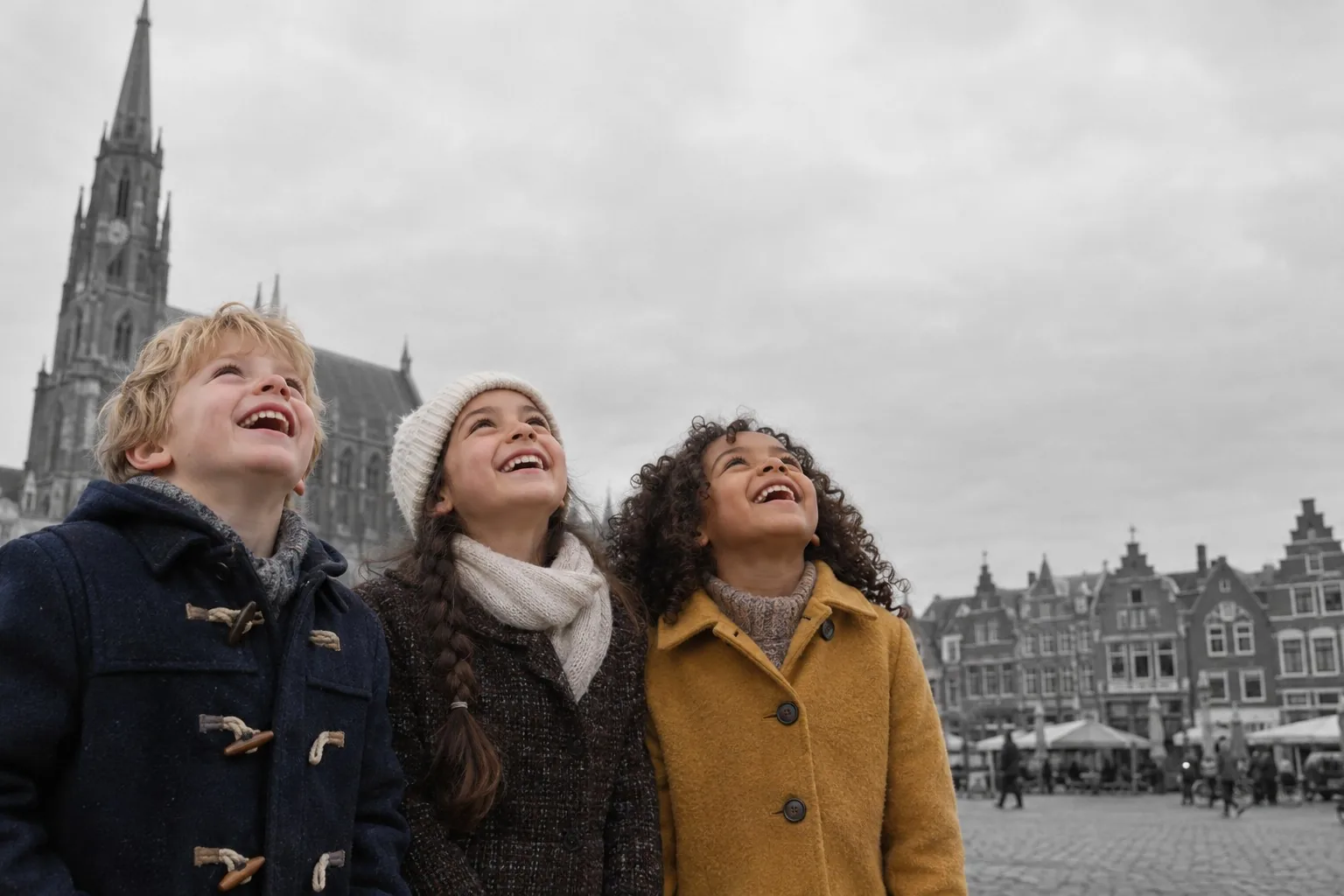 AI image: three children look up laughing, on the market square of Haarlem, with a big church behind them
