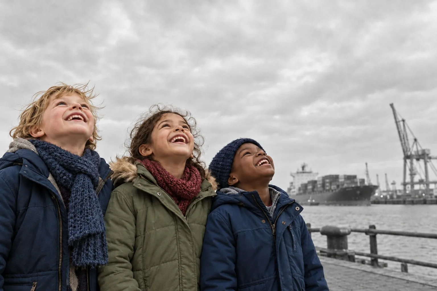 AI image: three children look up laughing, by the harbour of Rotterdam