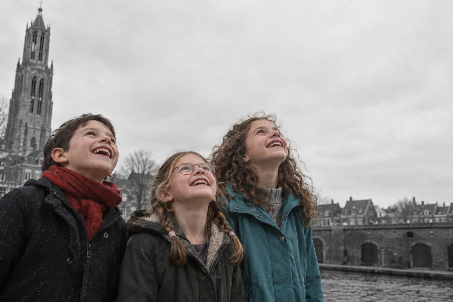 AI image: three children look up laughing, by a canal in Utrecht, with a church tower behind them