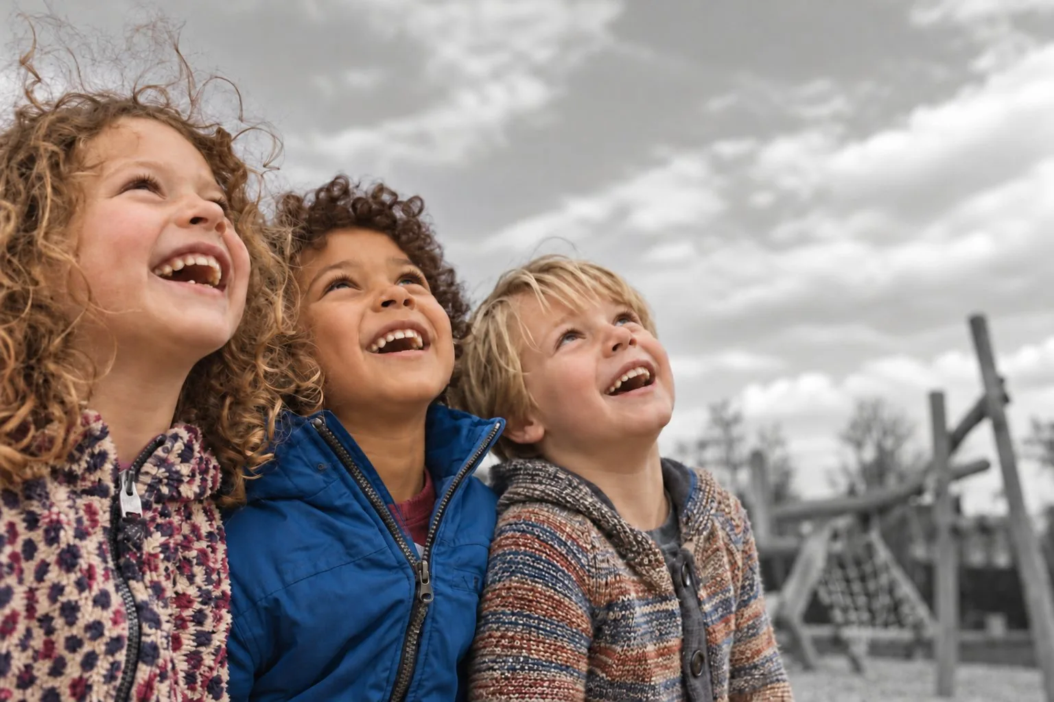 AI image: three children look up at the sky, laughing
