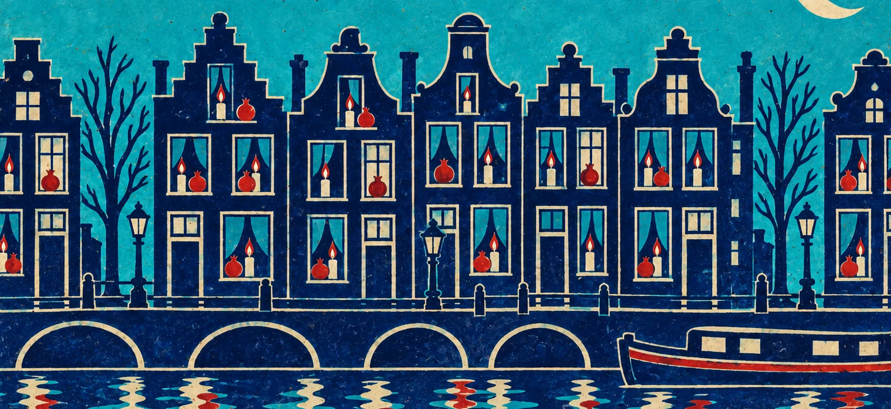 A painted frieze of Amsterdam canal houses with a candle and a pomegranate on every windowsill