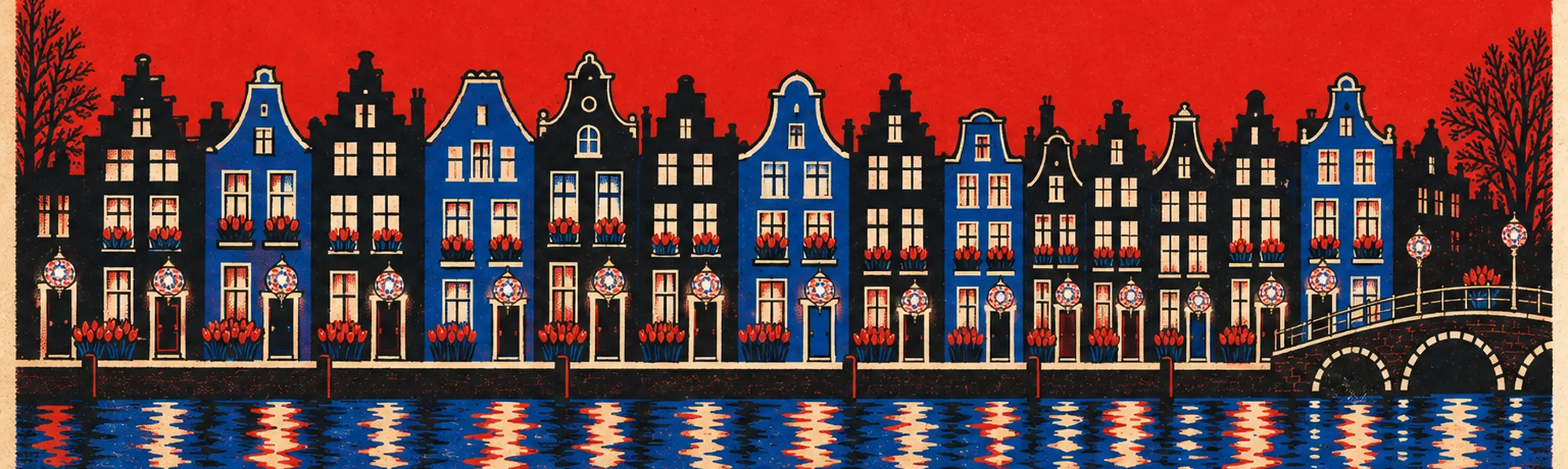 A screen-print frieze of Amsterdam canal houses with a glowing mosaic lamp at every door and red tulips in the flower boxes